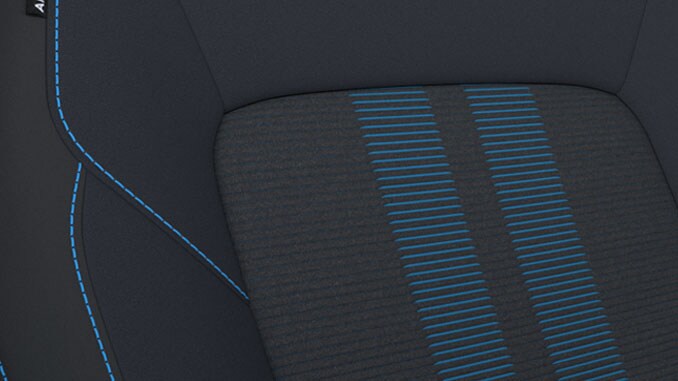 Teil-Kunstlederbezug Sport, Sitzmittelbahn in Stoff in Digital Aqua, Polster in Kunstleder-Velours in Black Onyx, Sitzrückseite und -seitenwangen in Sensico-Kunstleder in Black Onyx