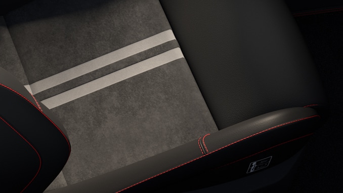 Ford Performance Polsterung Sensico in Leder-Optik / Stoff in Anthrazit mit Ziernähten in Rot Sitzmittelbahnen in Stoff