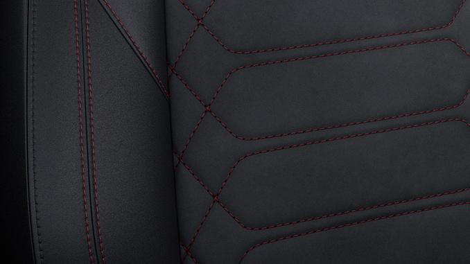 Partial premium Sensico Synthetic Leather trim with black Neo Suede inserts and red stitching